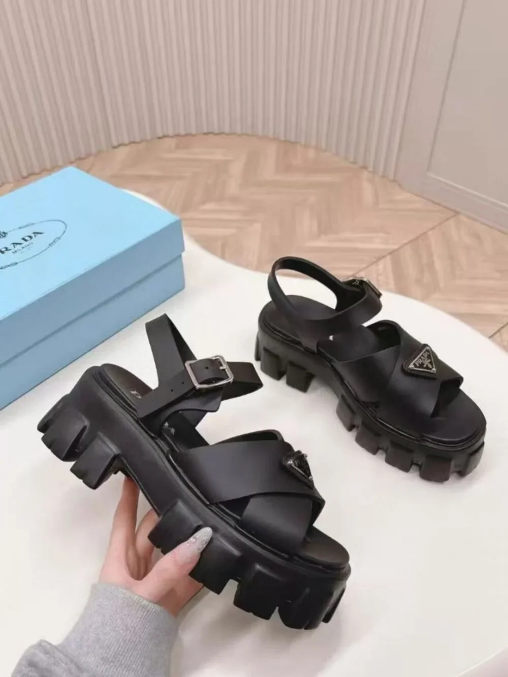 Prada Black Rubber Chunky Cross‑Band Platform Sandals